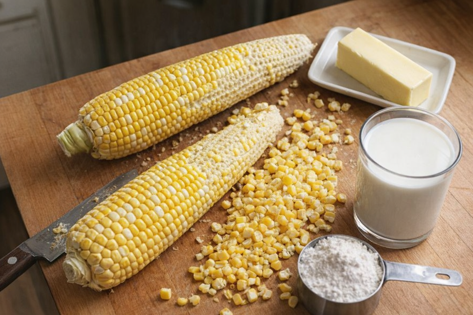 An overhead shot of fresh corn on the cob, kernels partially removed, next to a stick of butter, flour in a measuring cup, and milk in a glass, all on a wooden cutting board